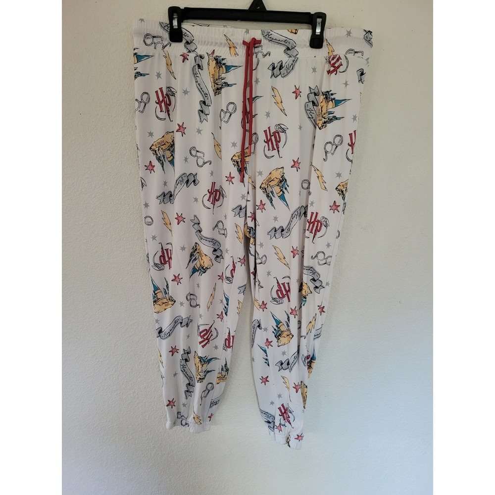 Harry Potter Wizarding World Pajama Jogger Pants White Hogwarts Print XL #P